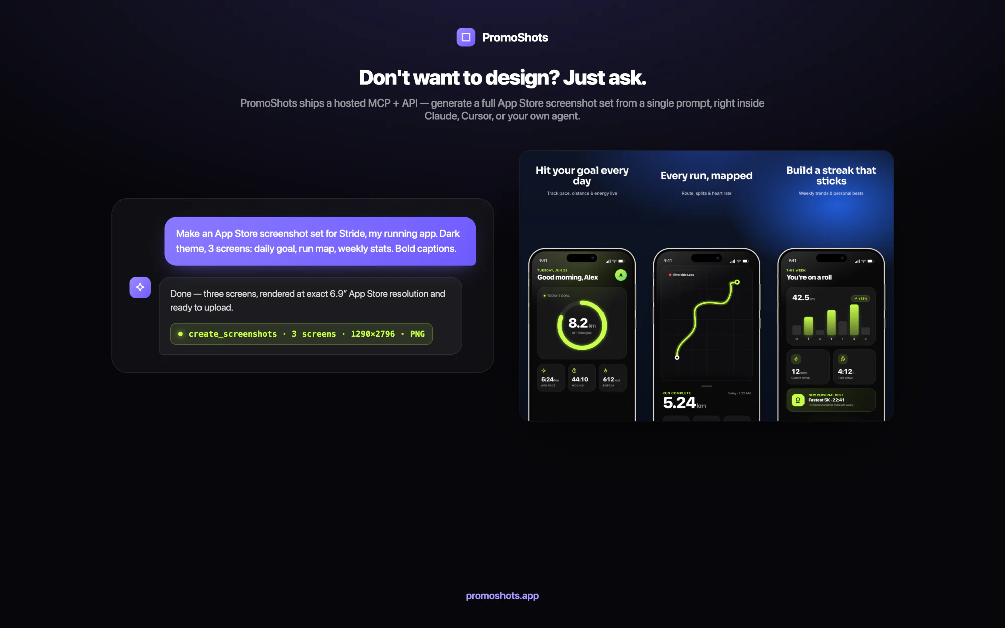 An agent prompt generating a full App Store screenshot set through the PromoShots MCP