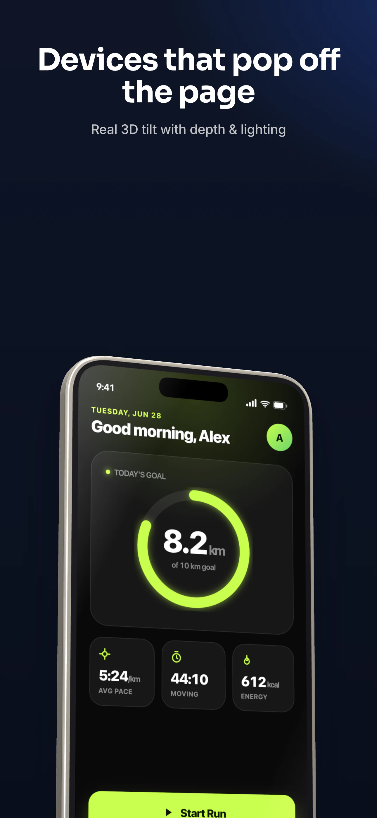 A running app shown on a 3D-tilted iPhone with depth and lighting